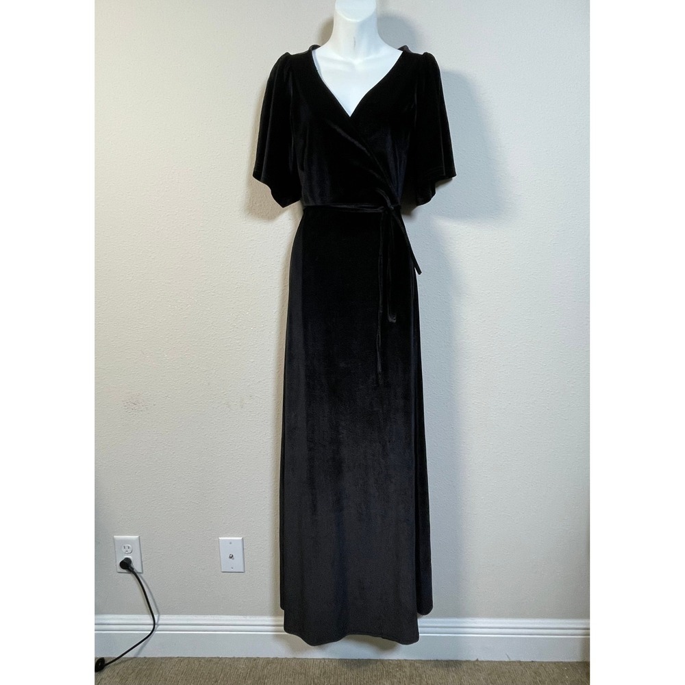 Baltic Born Velvet Wrap Maxi Dress Womens M Black Flutter Sleeve Vamp Dark Fairy